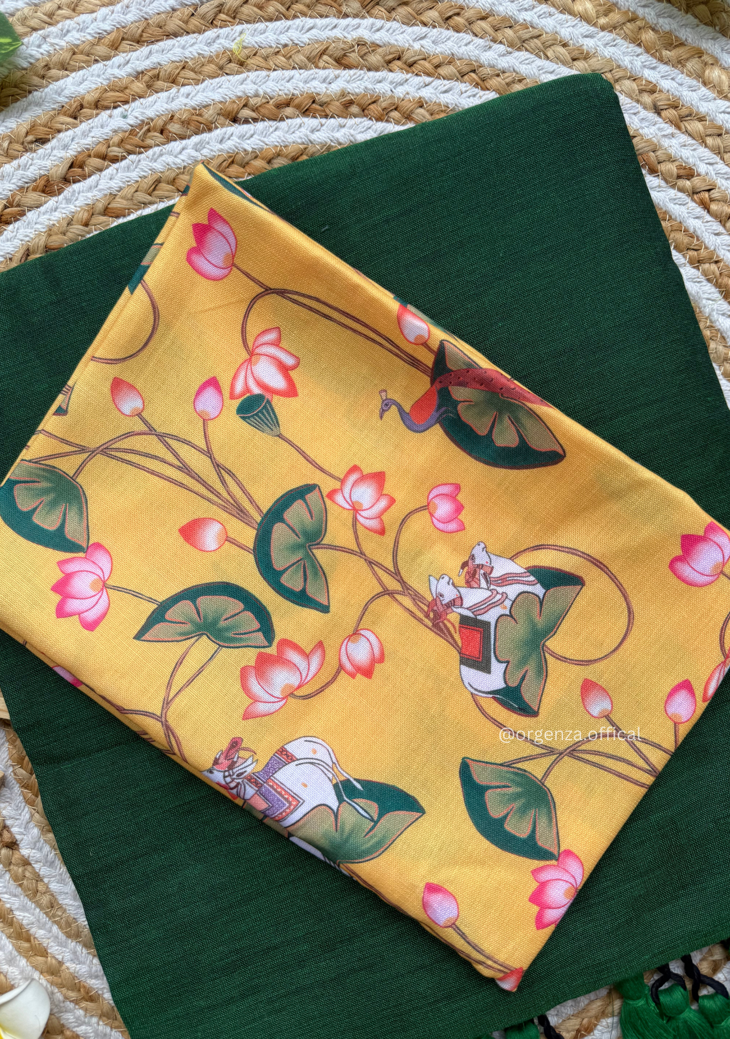 Green Colour Cotton Saree With yellow Print Blouse