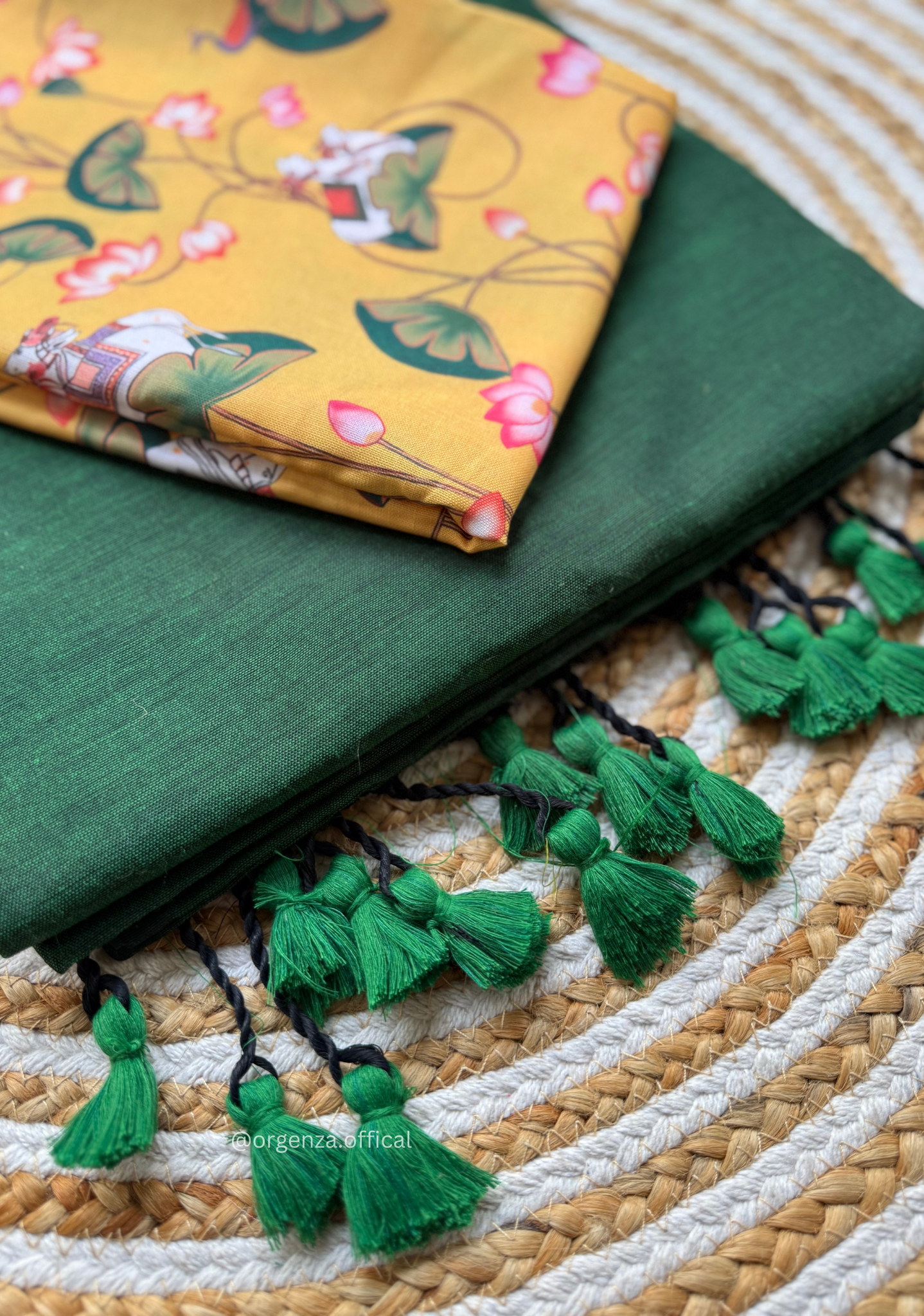 Green Colour Cotton Saree With yellow Print Blouse