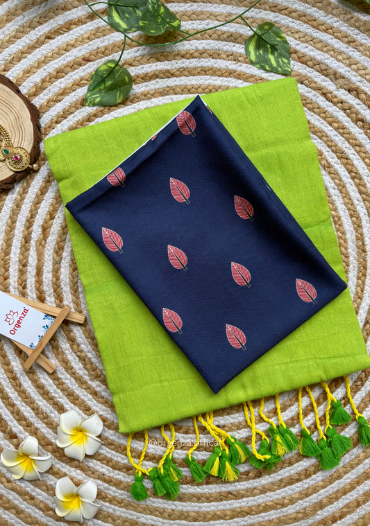 Parrot Green Colour Cotton Saree With Blue Leaf Printed Blouse