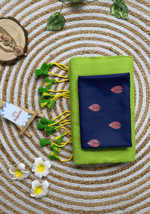 Parrot Green Colour Cotton Saree With Blue Leaf Printed Blouse - Orgenza Store - digisoch