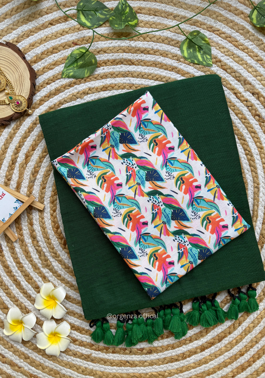 Green Colour Cotton Saree With Multi Print Blouse