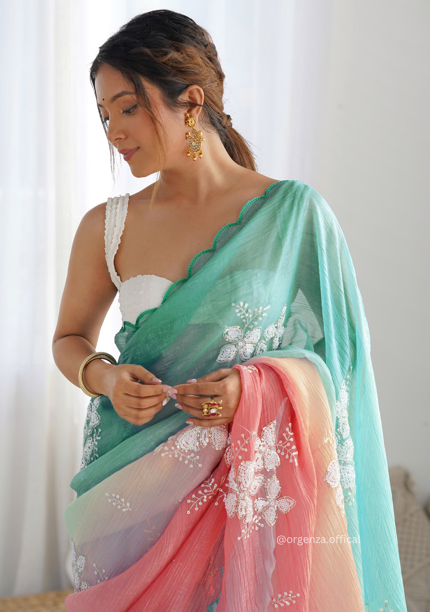 Rama Peach Gold Crush Silk Saree