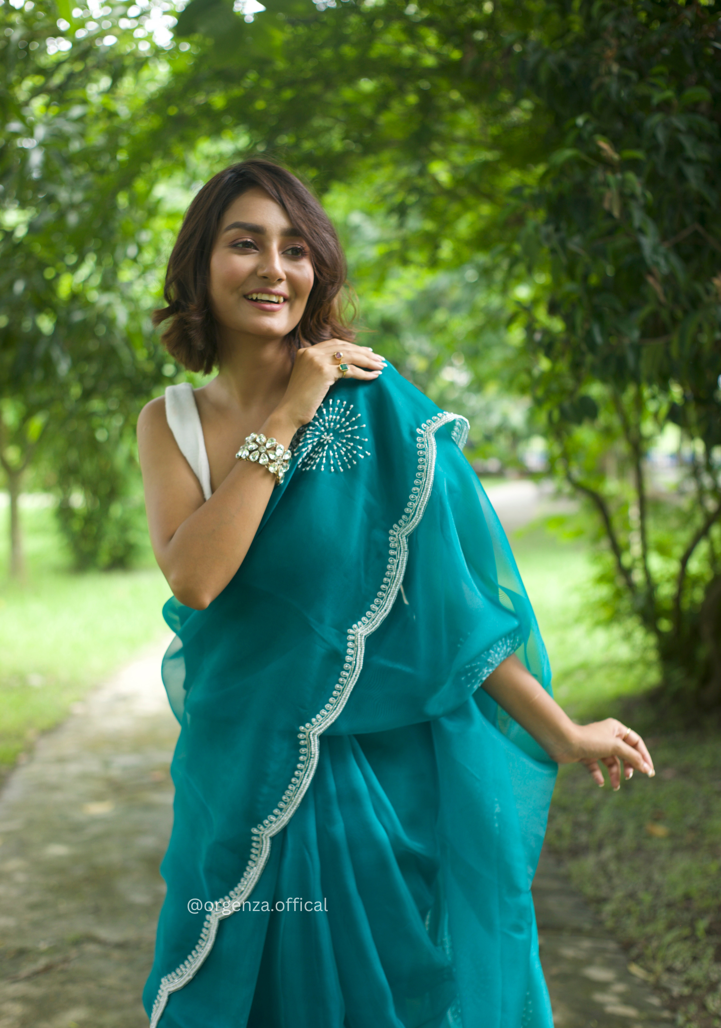 C Green Colour Organza Saree With Hand Work - Orgenza Store