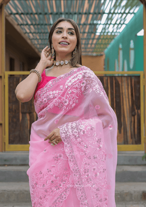 Baby Pink Soft Organza Saree With Sequence Work - Orgenza Store - digisoch