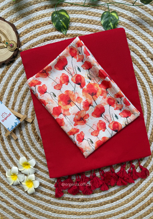 Red Colour Cotton Saree With Tulip Print Blouse