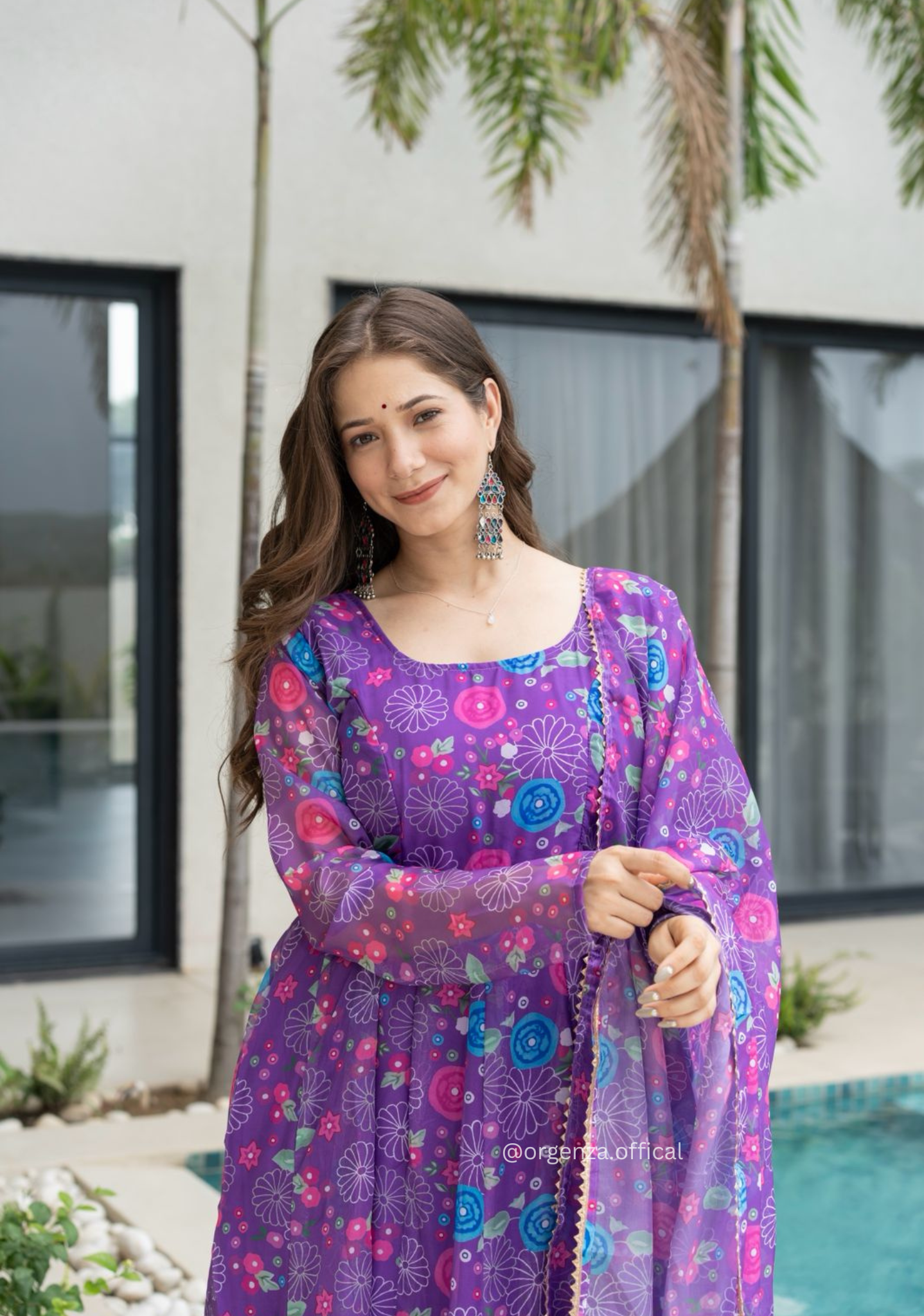 Purple Colour Pure Organza Silk Floral Anarkali Kurtis