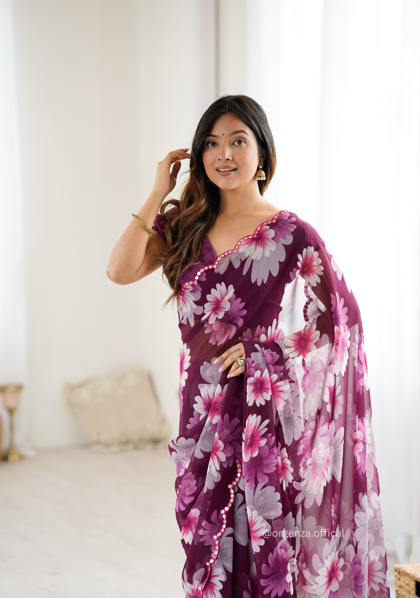 Purple Colour Georgette Printed Mirror Saree