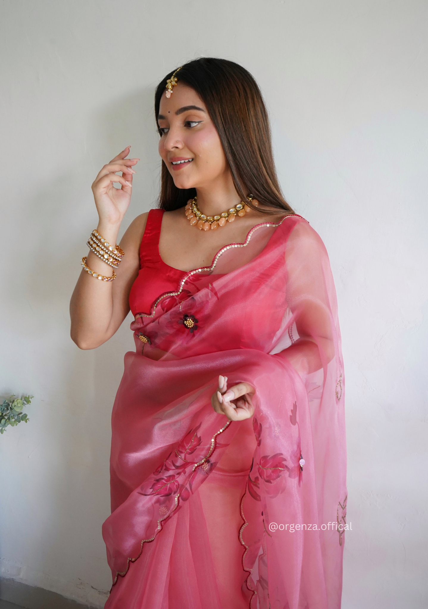 Pink Colour Organza Saree With Handwork