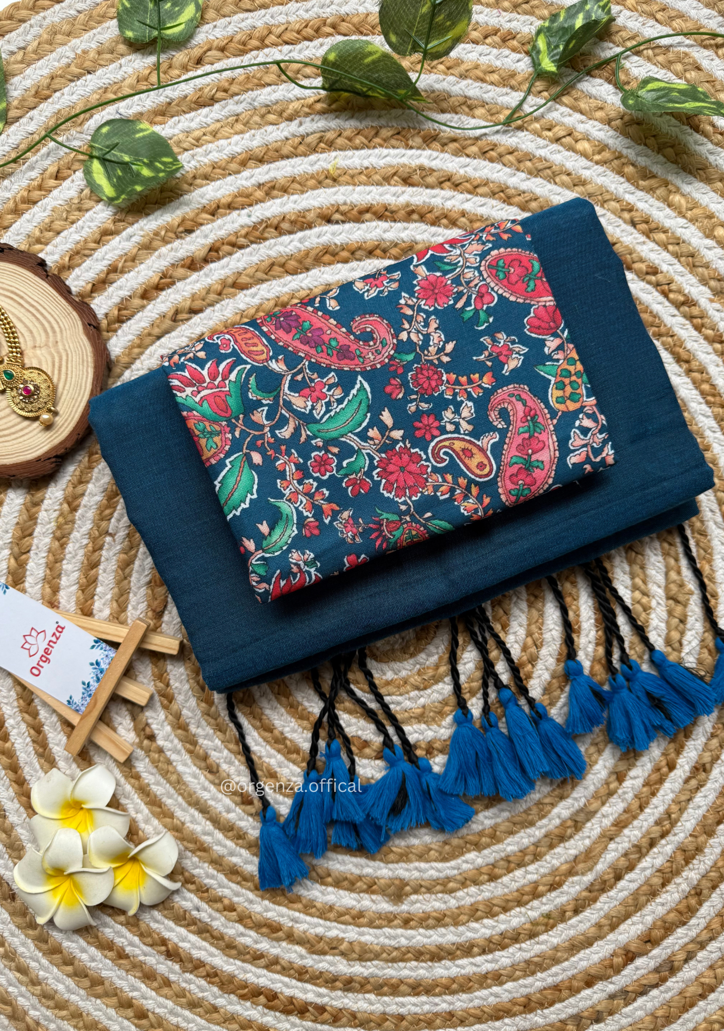 Rama Blue Colour Cotton Saree With Kalamkari Print Blouse