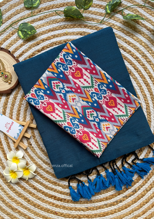 Rama Blue Colour Cotton Saree With Multi Print Blouse