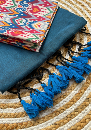 Rama Blue Colour Cotton Saree With Multi Print Blouse - Orgenza Store - digisoch