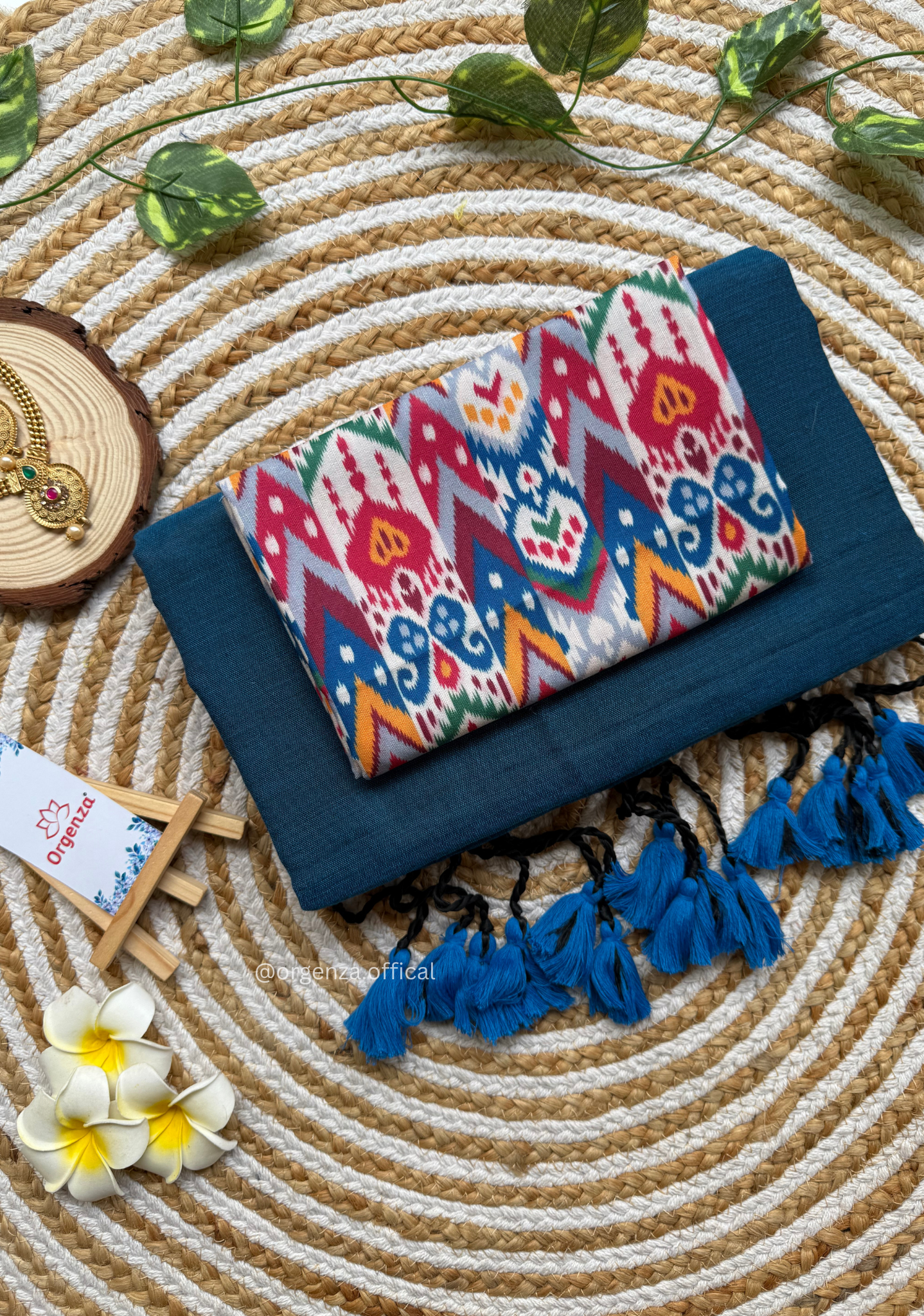 Rama Blue Colour Cotton Saree With Multi Print Blouse