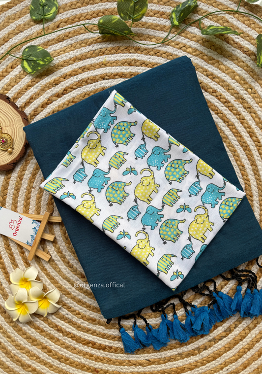 Rama Blue Colour Cotton Saree With Little Elephant Print Blouse