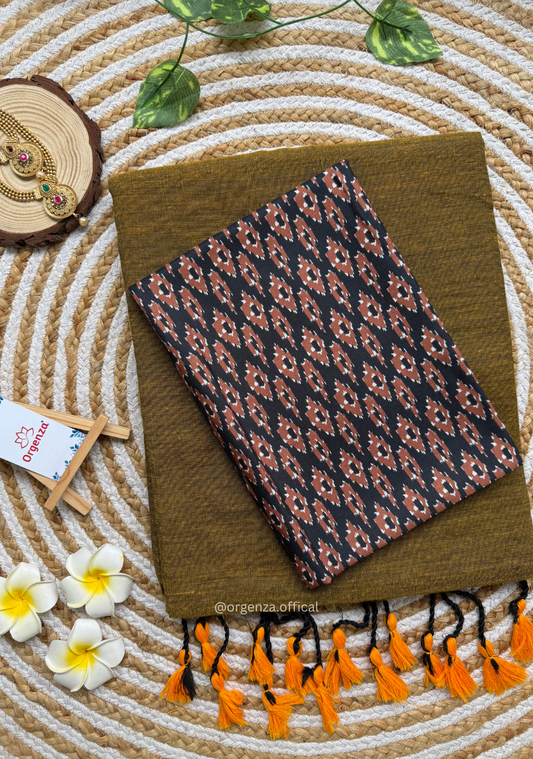 Mustered Yellow Colour Cotton Saree Navy Blue Print Blouse