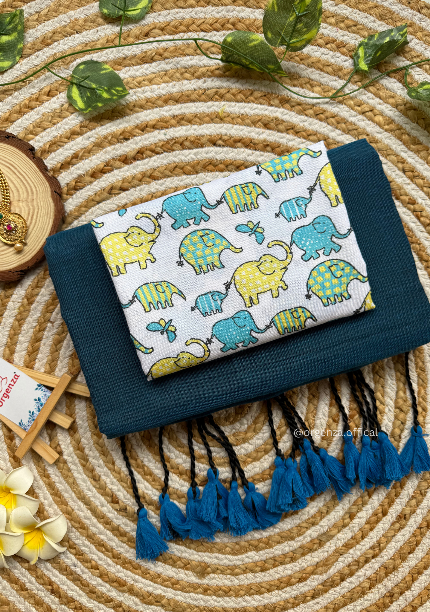 Rama Blue Colour Cotton Saree With Little Elephant Print Blouse