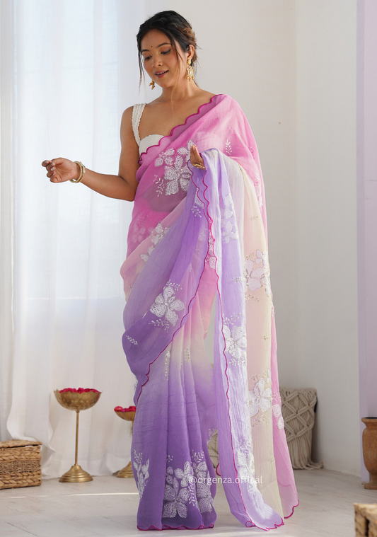 Pink Lavender Gold Crush Silk Saree