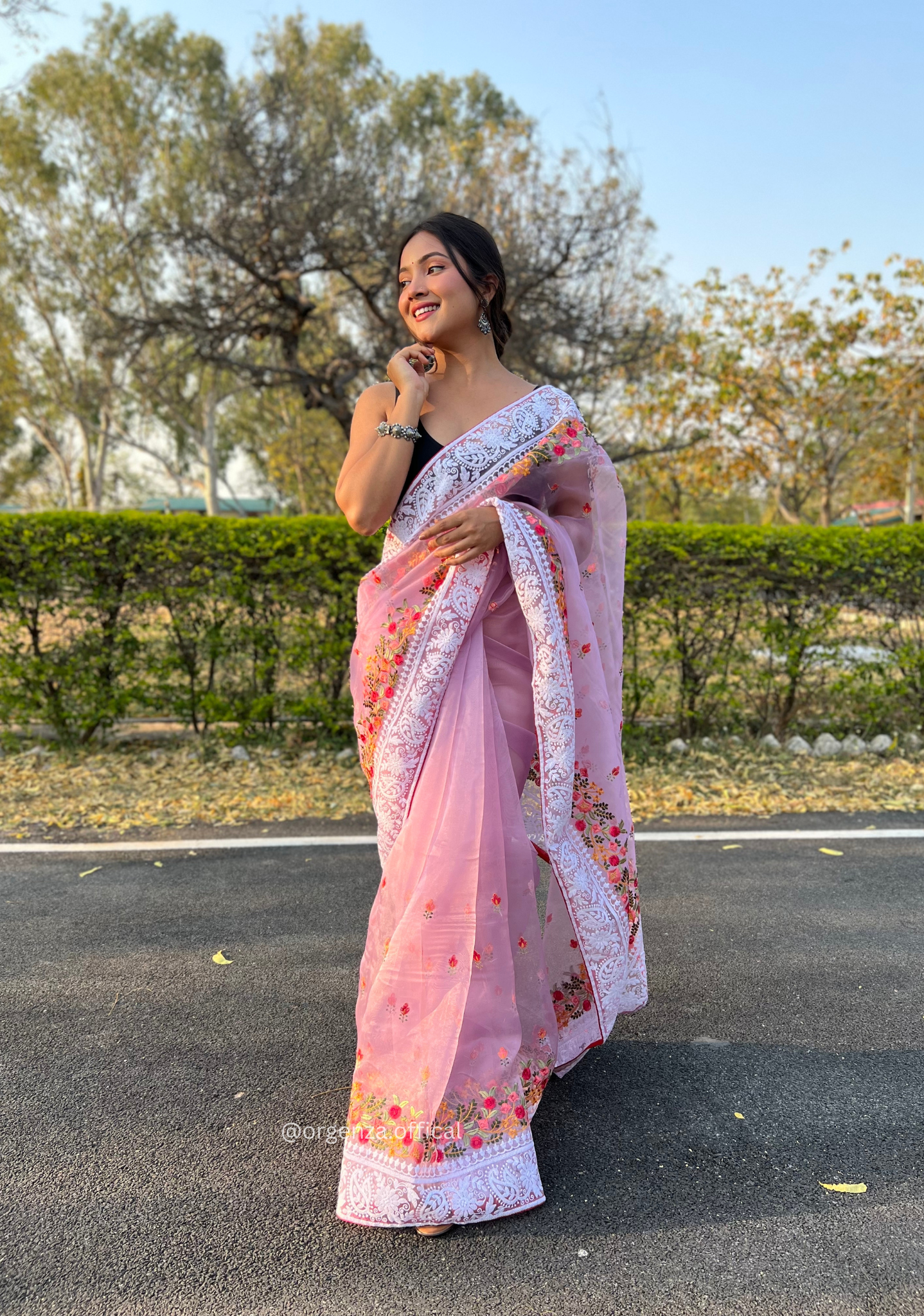 Lavender Organza Saree With Chikankari Work - Orgenza Store