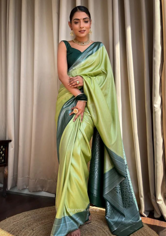 Neon Green Colour Rich Pallu Saree Jacquard Zari With Blouse