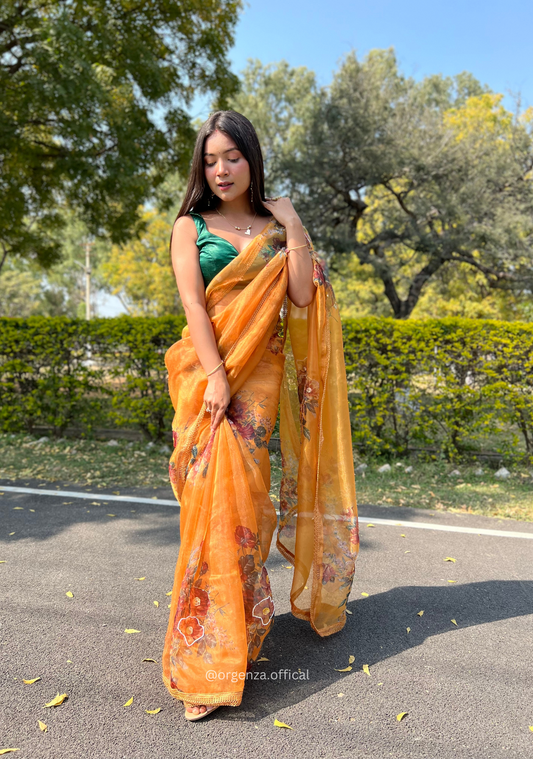 Mustard Yellow Colour Organza Saree With Handwork