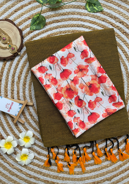 Mustard Yellow Colour Cotton Saree With Tulip Print Blouse