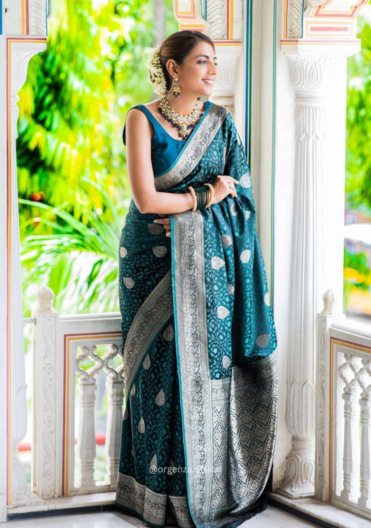 Rama Blue Colour Lichi Silk Saree With Jacquard Zari Work