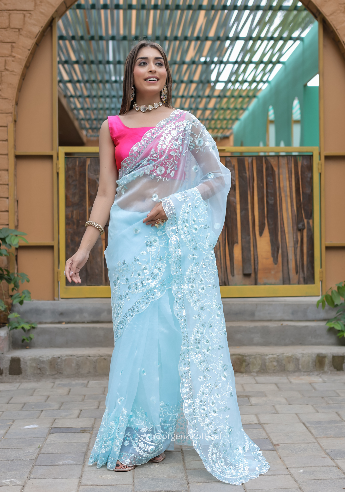 Sky Blue Soft Organza Saree With Sequence Work - Orgenza Store