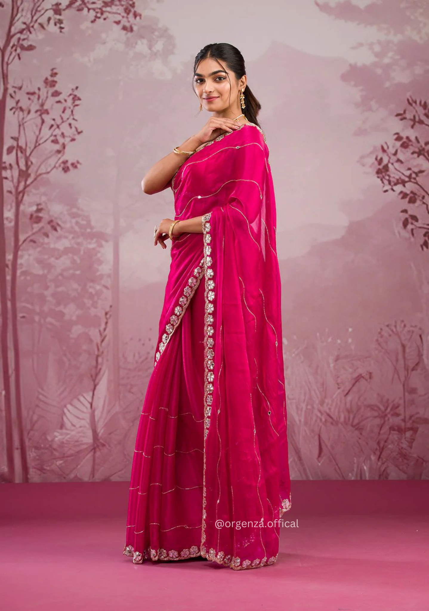Red Colour Jimmy Choo Saree With Mirror Work - Orgenza Store