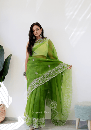 Parrot Green Colour Embroidery Thread Work Saree - Orgenza Store - digisoch