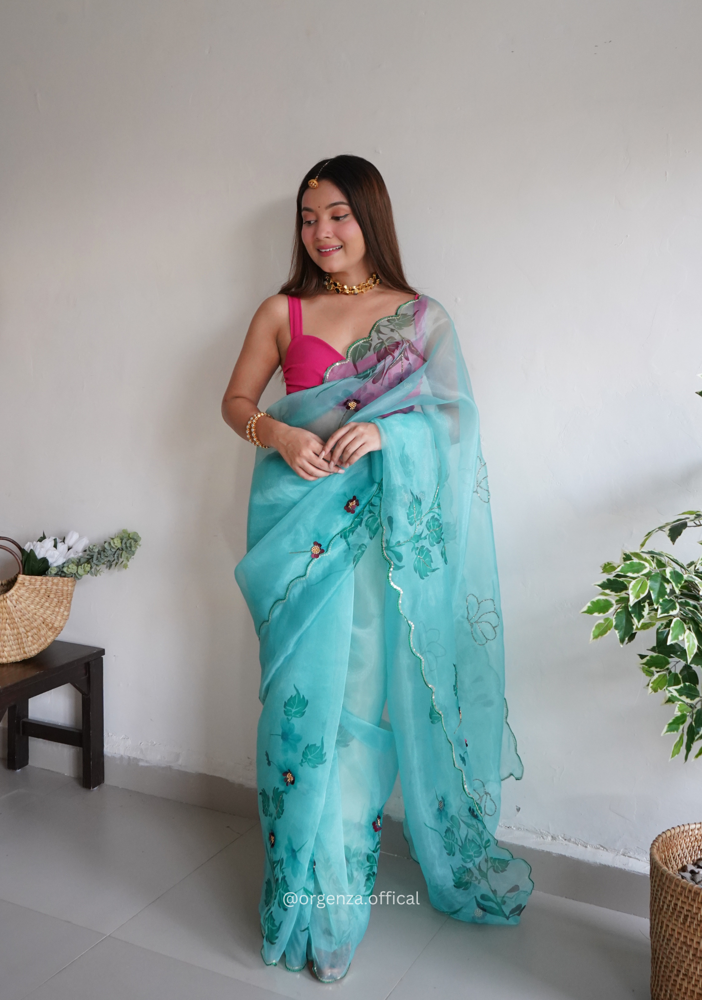 Sky Colour Organza Saree With Handwork