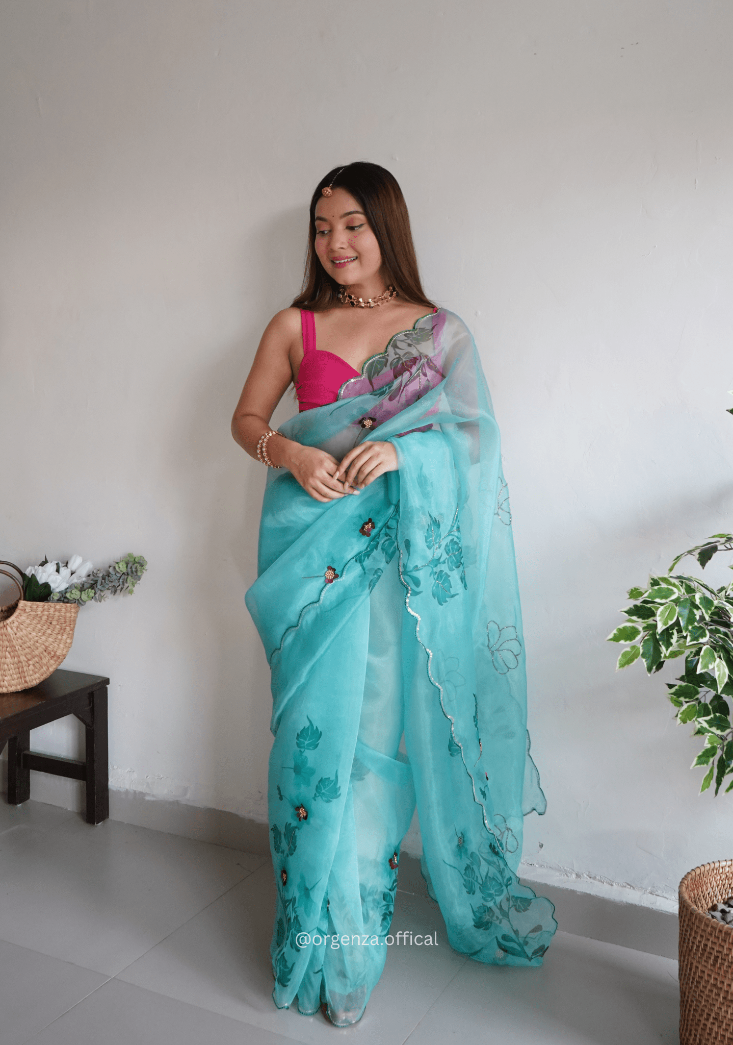 Sky Colour Organza Saree With Handwork - Orgenza Store - digisoch