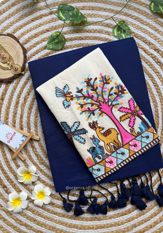 Blue Colour Cotton Saree With Deer Embroidery Blouse