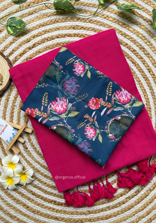 Pink Colour Cotton Saree With Flower Print Blouse