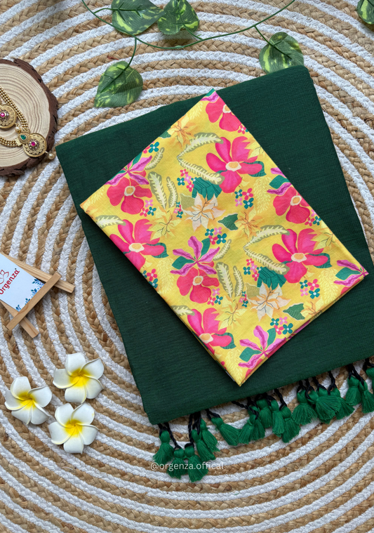 Green Colour Cotton Saree With Pink Flower Print Blouse