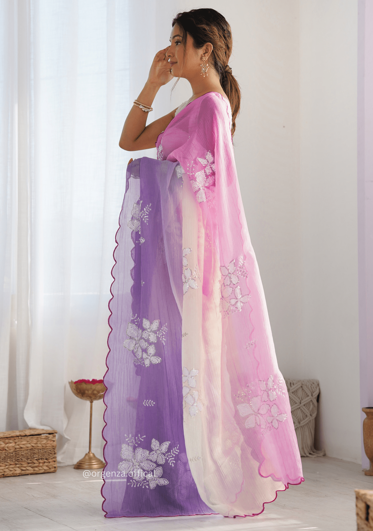 Pink Lavender Gold Crush Silk Saree