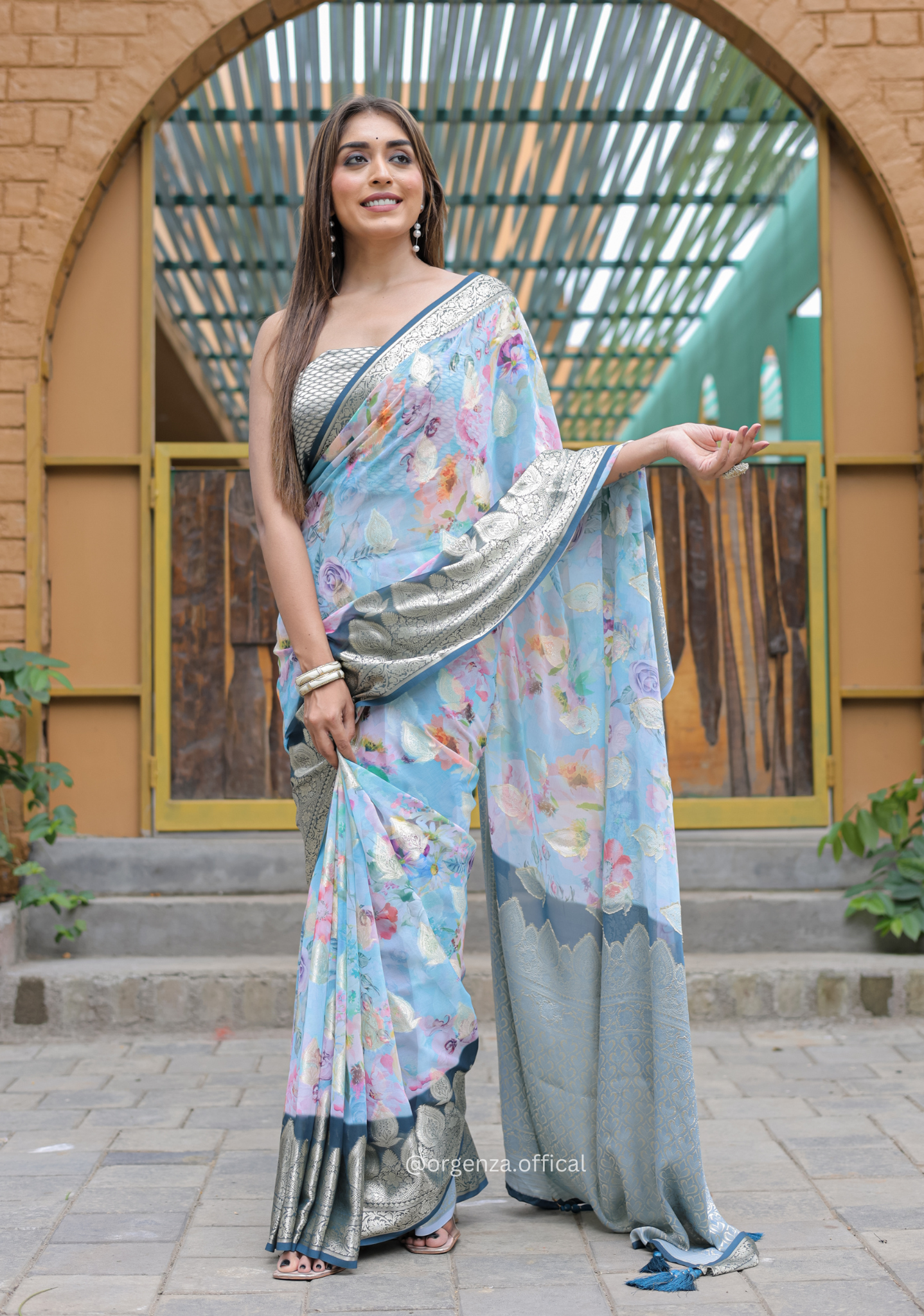 Sky Blue Georgette Saree With Viscose Border - Orgenza Store