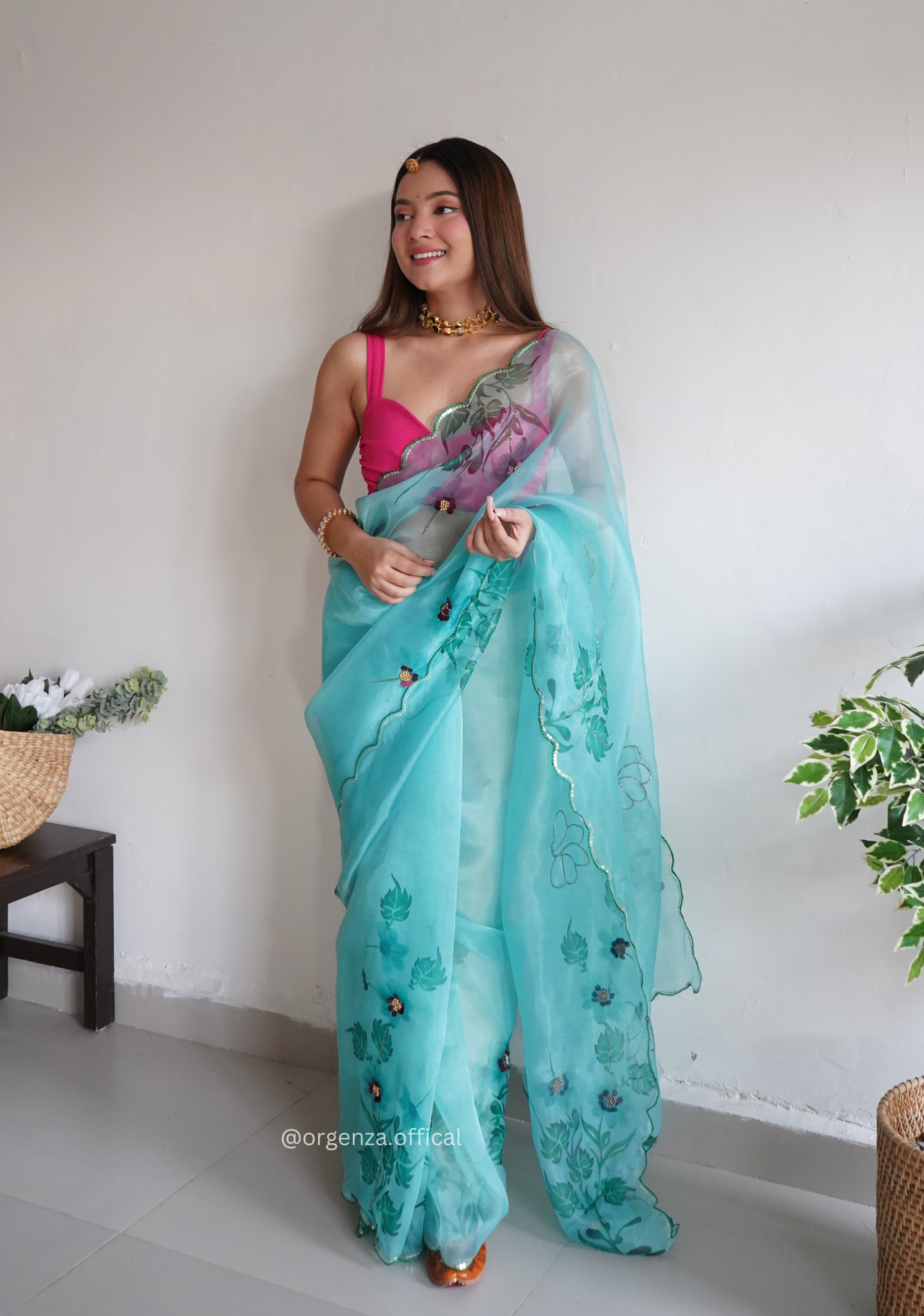 Sky Colour Organza Saree With Handwork