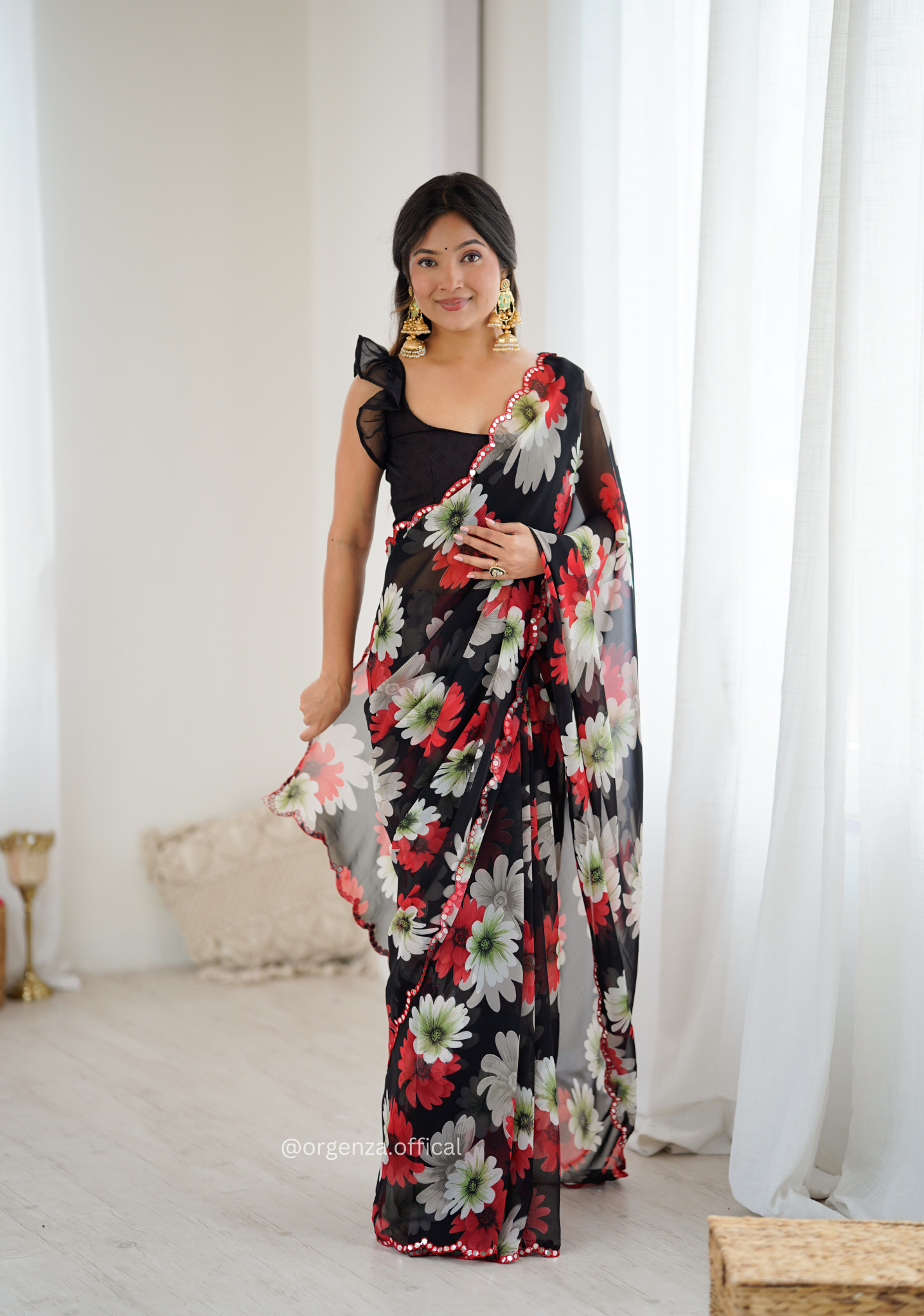 Black Colour Georgette Printed Mirror Saree