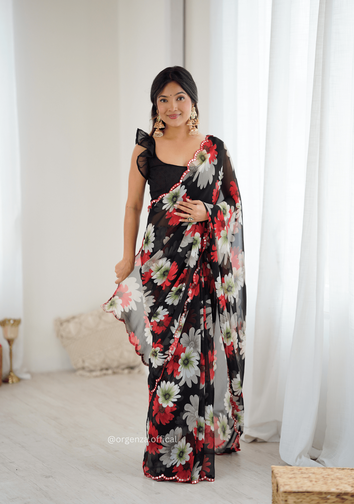 Black Colour Georgette Printed Mirror Saree
