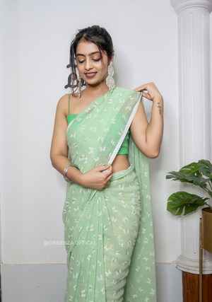 Pista Green Georgette Saree With Print - Orgenza Store