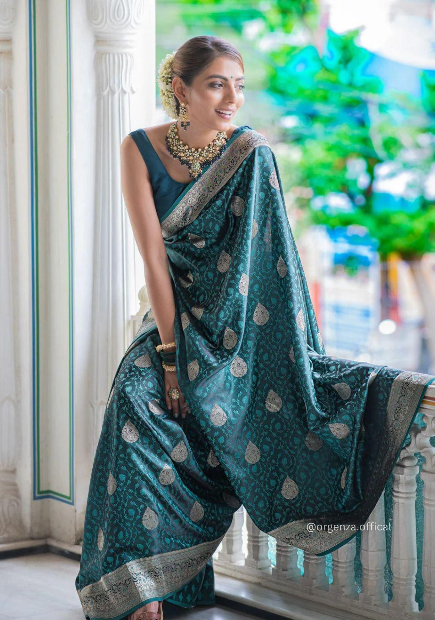 Rama Blue Colour Lichi Silk Saree With Jacquard Zari Work