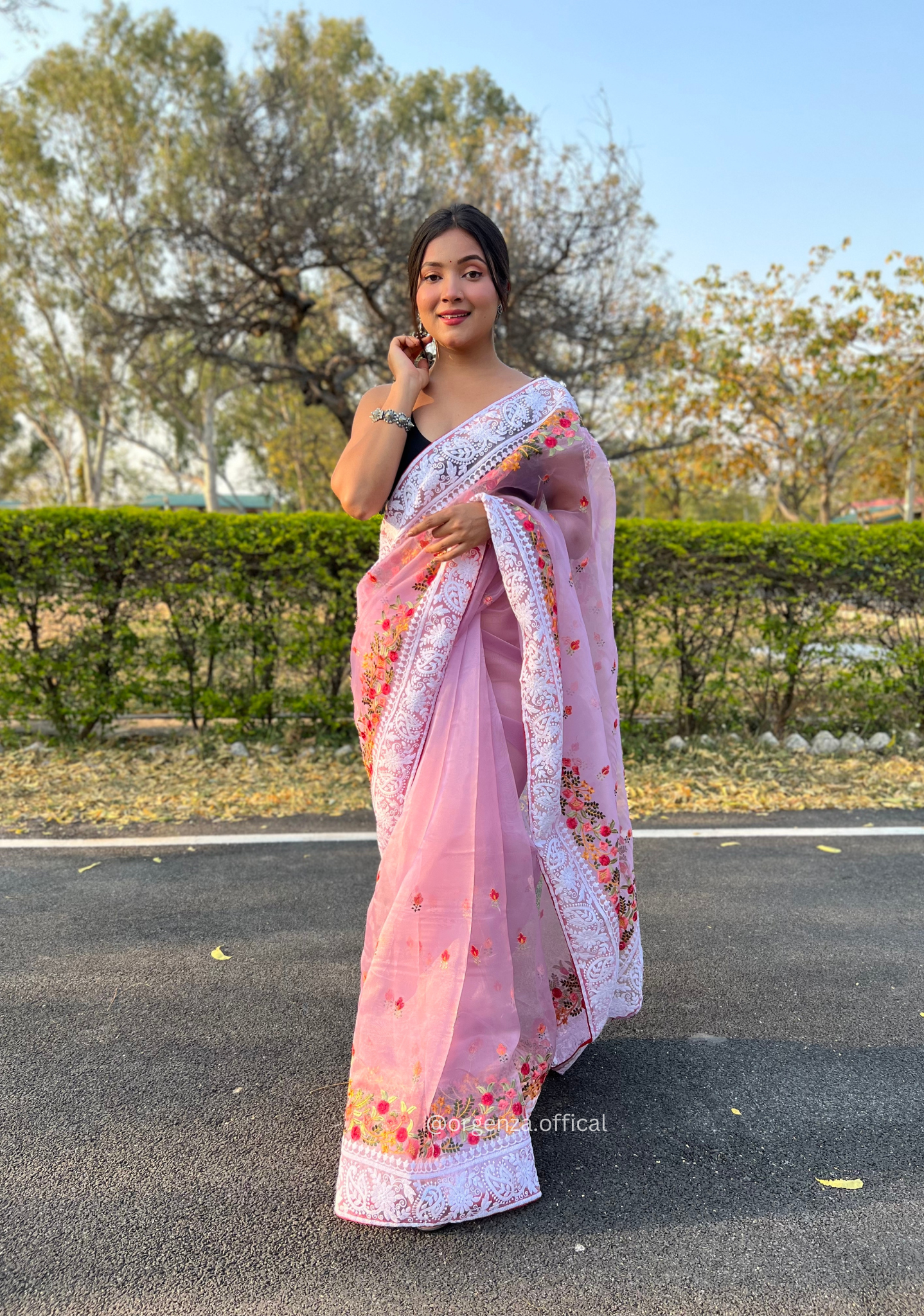 Lavender Organza Saree With Chikankari Work - Orgenza Store