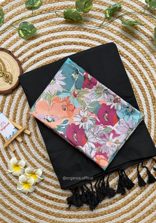 Black Colour Cotton Saree With Flower Print Blouse