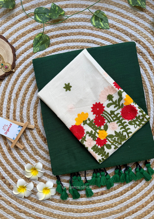 Green Colour Cotton Saree With Flower Embroidery Blouse
