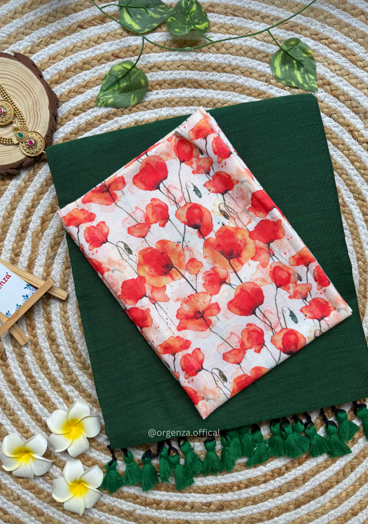 Green Colour Cotton Saree With Tulip Print Blouse