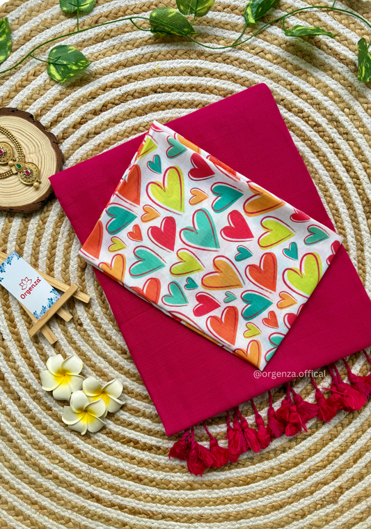 Pink Colour Cotton Saree With Heart Print Blouse