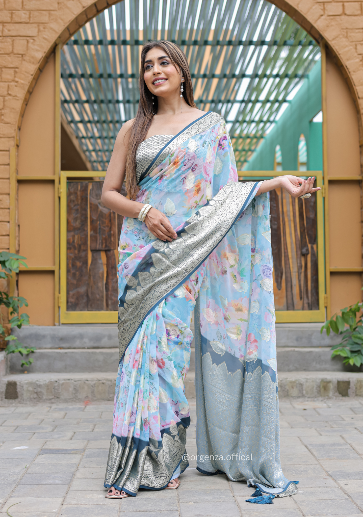 Sky Blue Georgette Saree With Viscose Border - Orgenza Store