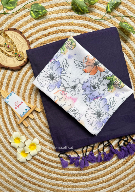 Purple Colour Cotton Saree With Flower Print Blouse