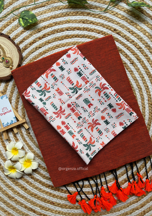Orange Colour Cotton Saree With Multi Print Blouse