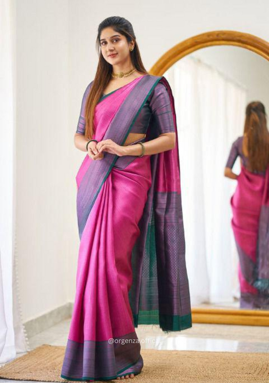 Pink Colour Lichi Silk Saree With Jacquard Zari Work