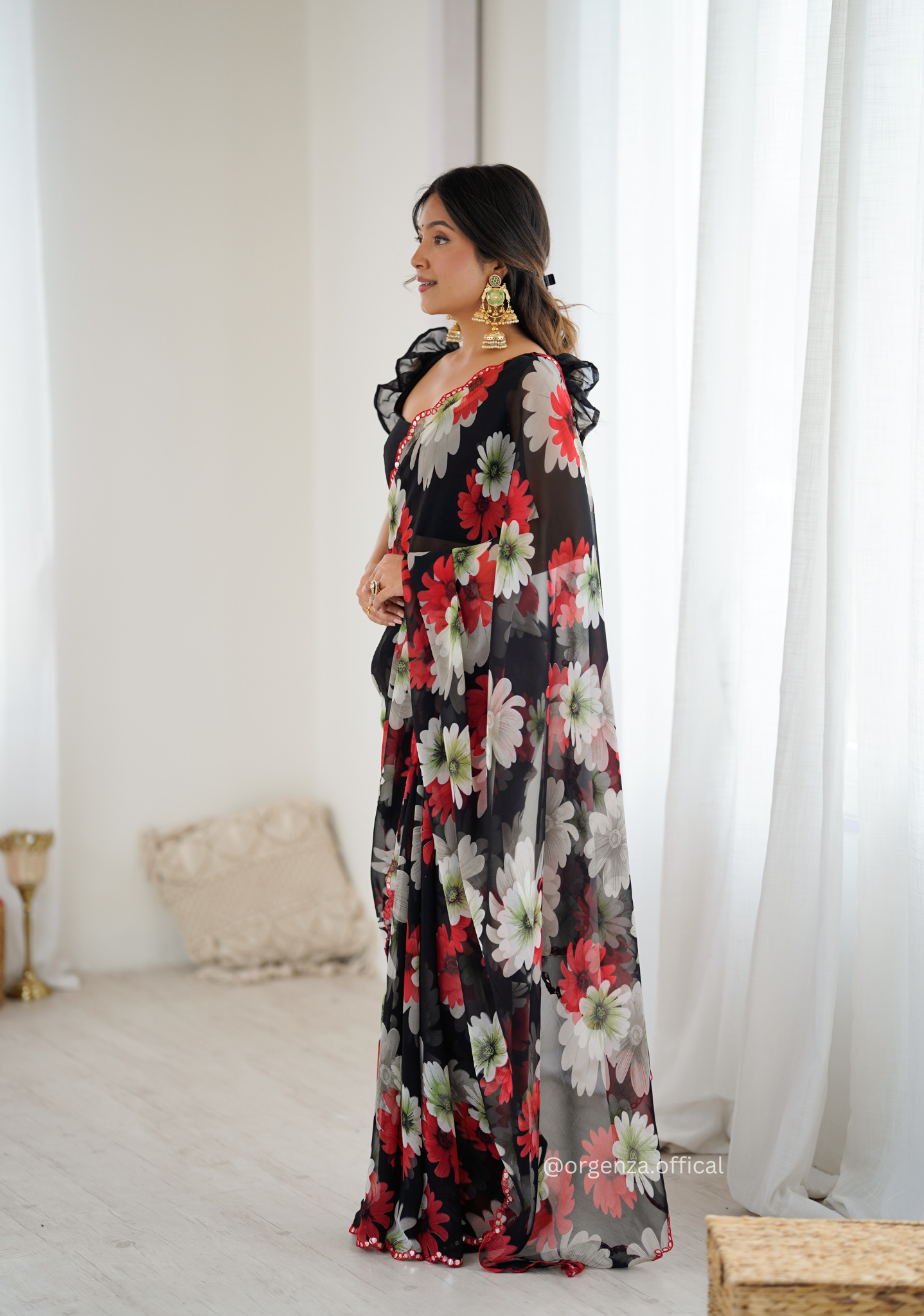 Black Colour Georgette Printed Mirror Saree